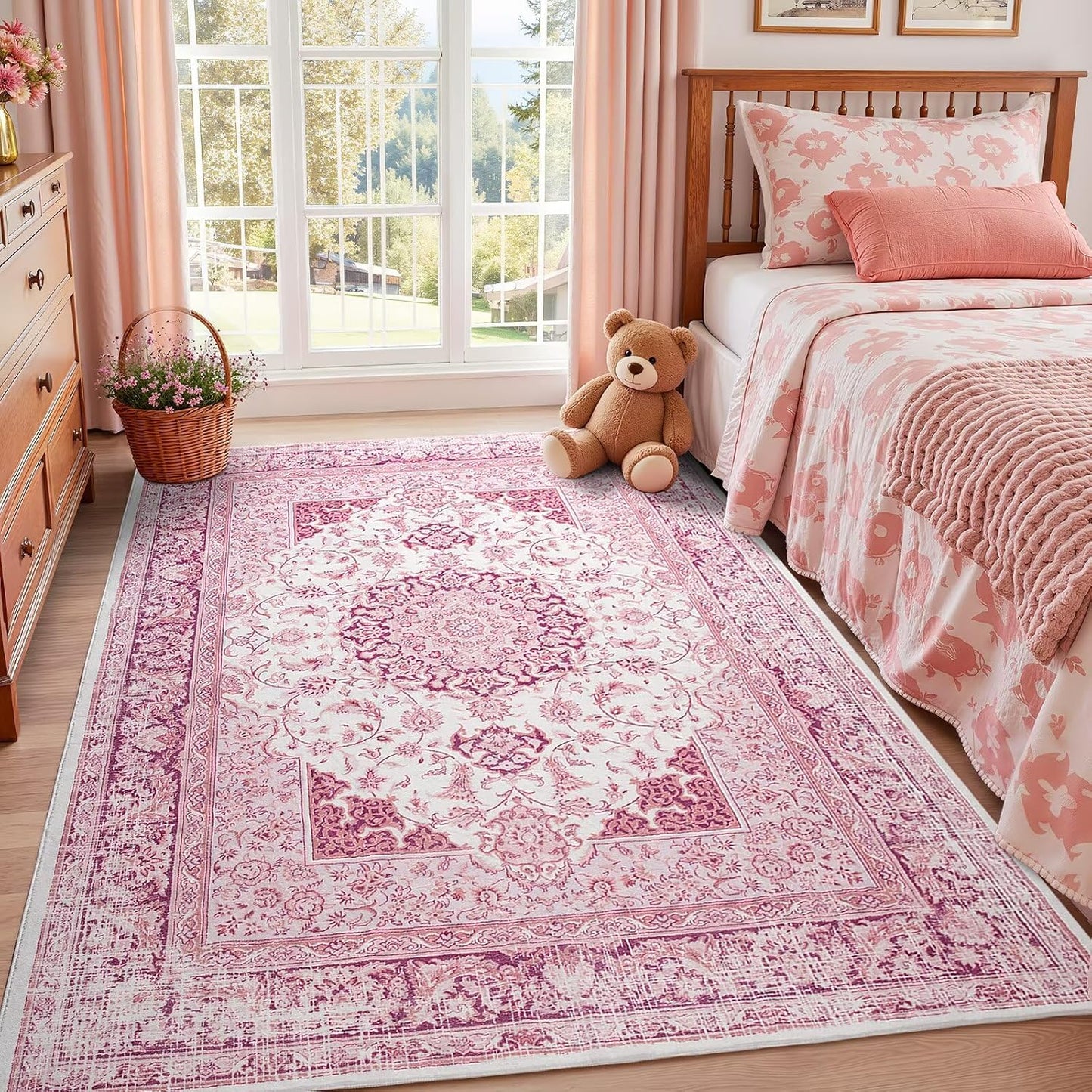 Alfombra 5x7" rosa brillante antiderrap para dormitorio