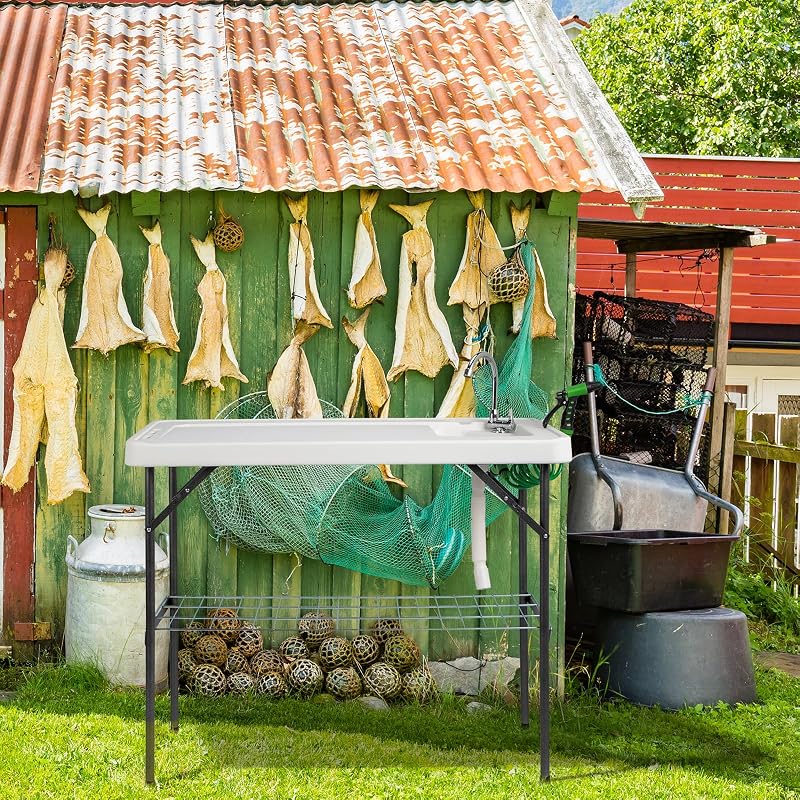 Mesa plegable limpieza pescado con fregadero y drenaje