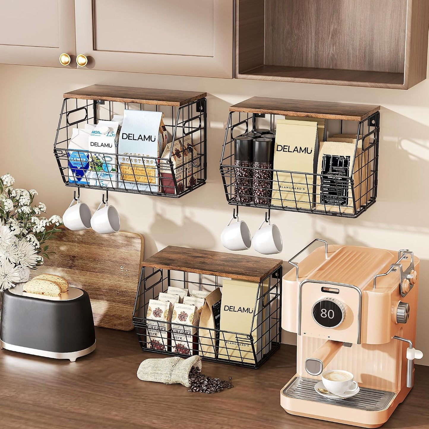 Cesta frutas metal tapa madera set 3 organiz. pared cocina