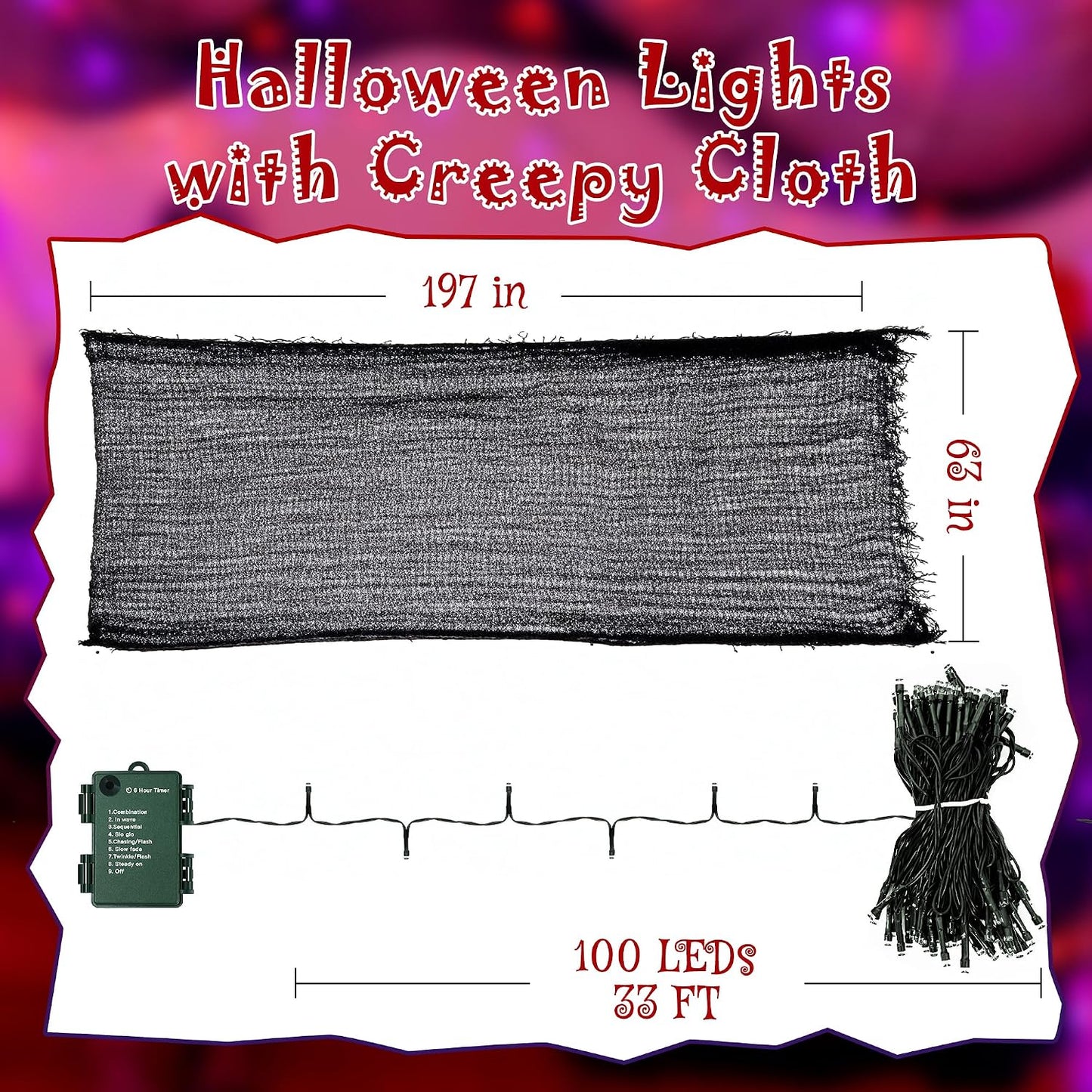 Luces Halloween 100 LED 33ft Tela Naranja Morado