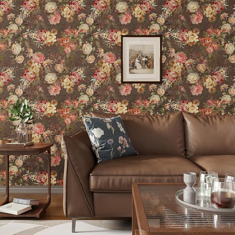 Papel tapiz floral vintage marrón autoadhesivo 17.7x354"
