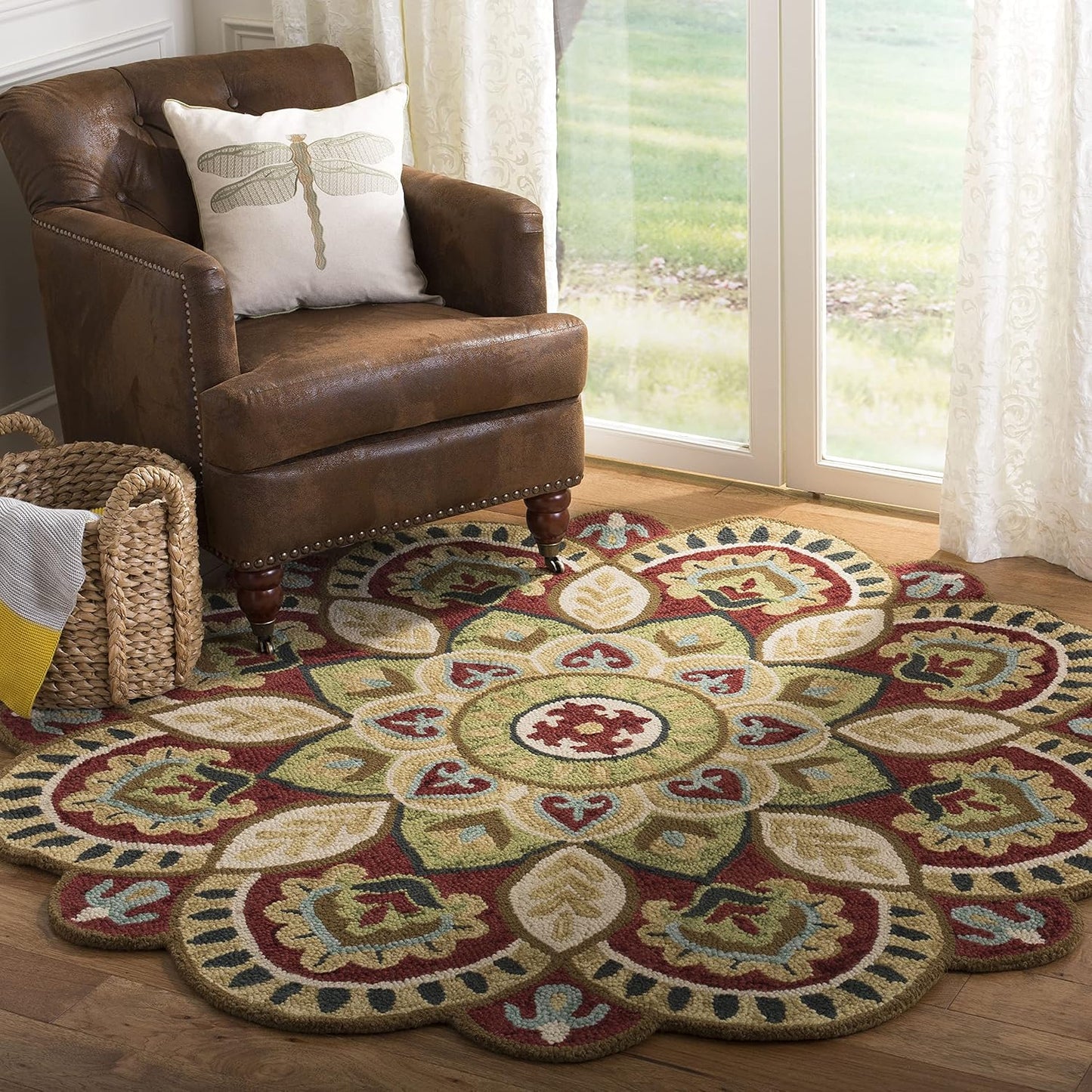 Alfombra redonda lana estilo bohemio rojo y taupe