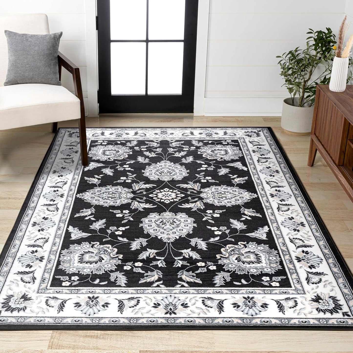 Alfombra sala dormitorio cocina 5x8pulg vintage negro/crema