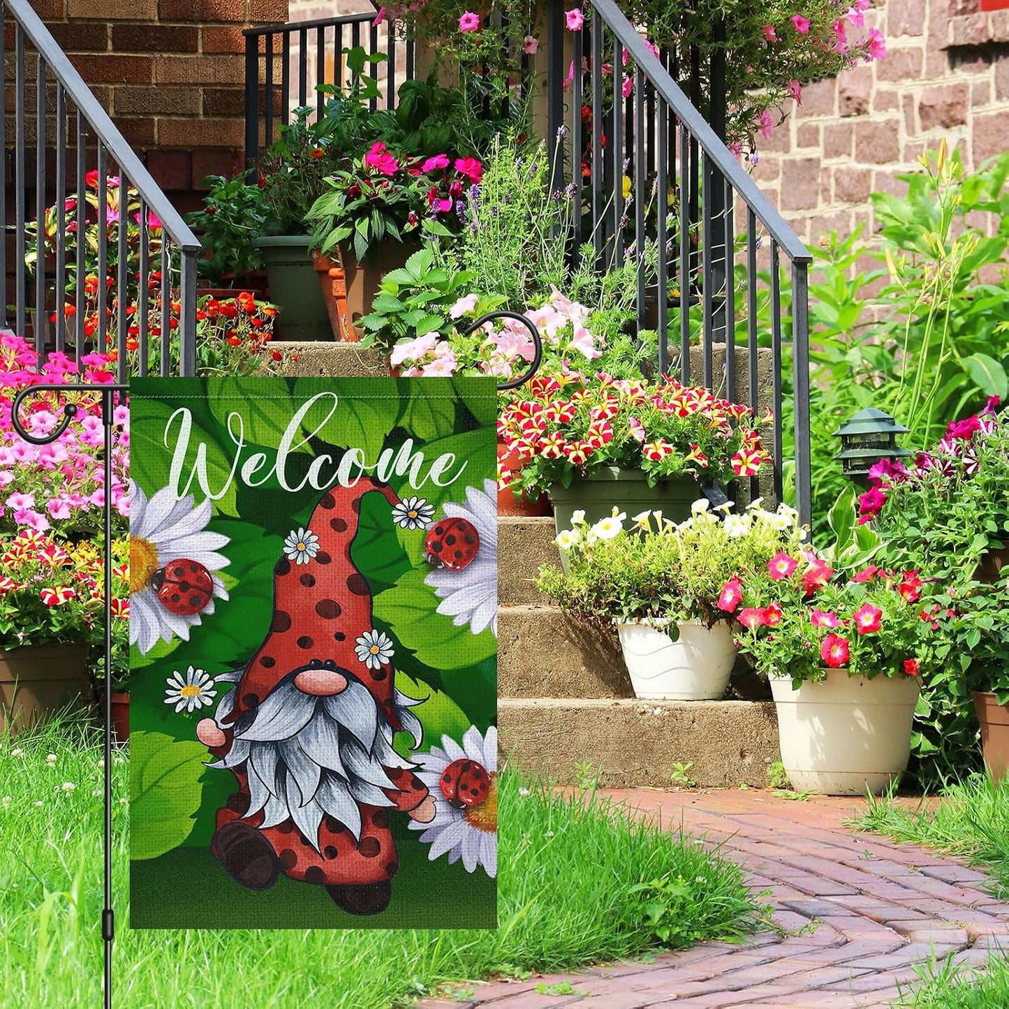 Bandera jardín 12x18pulg doble cara gnomo margaritas