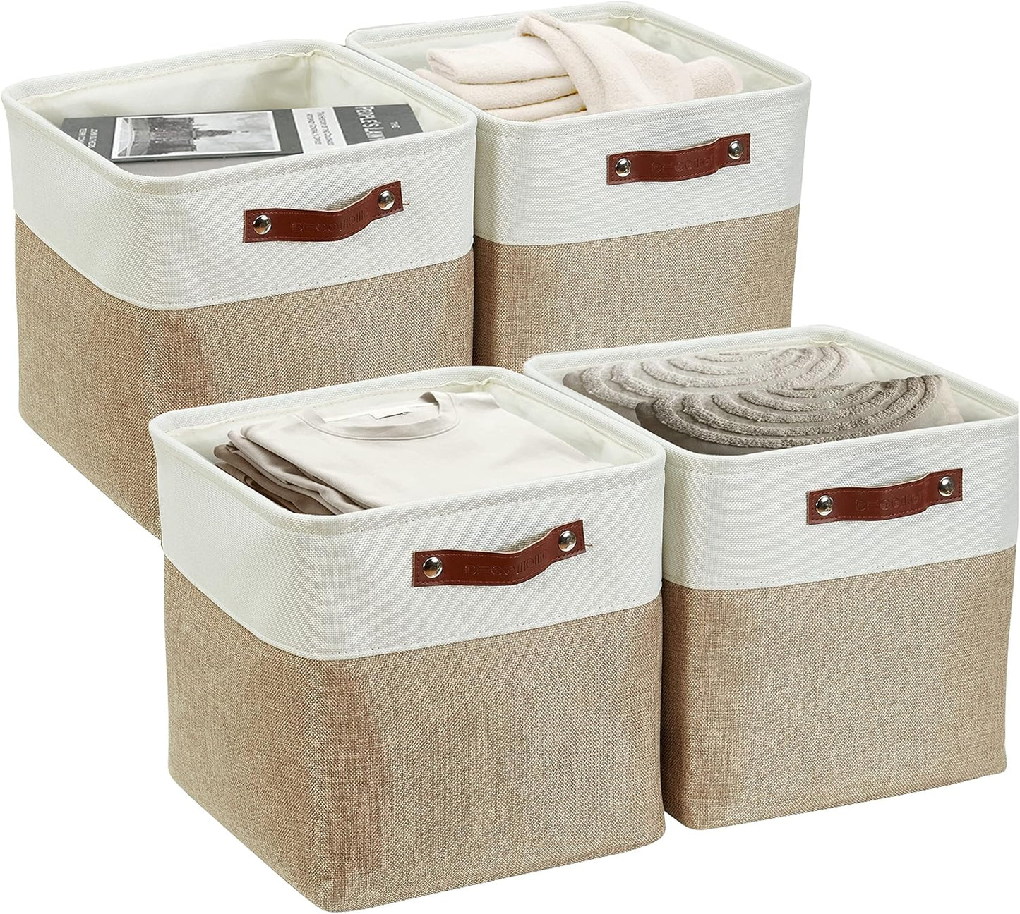 4 Cestas Almacenamiento 11x11" Beige y Blanco