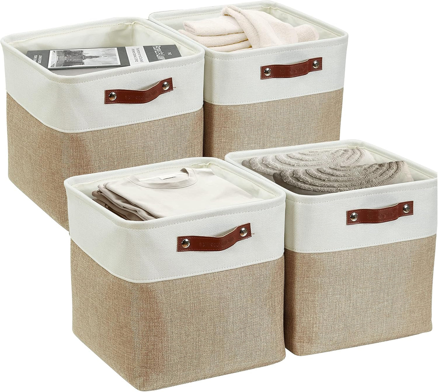 4 Cestas Almacenamiento 11x11" Beige y Blanco