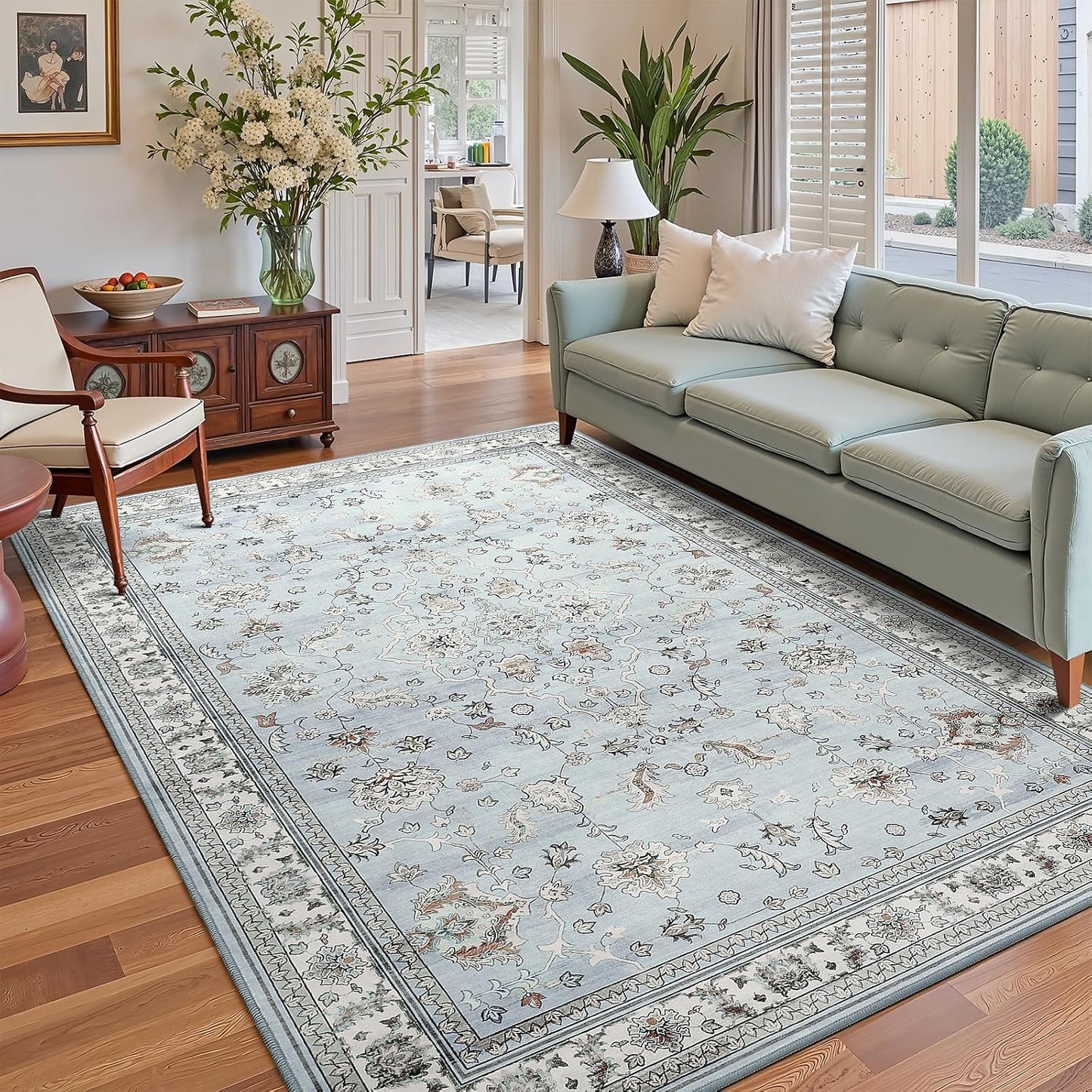 Alfombra sala dormitorio estilo boho azul claro antiderrap