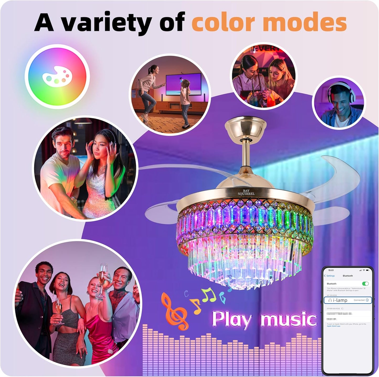 Ventilador techo retráctil con luces RGB, control y altavoz