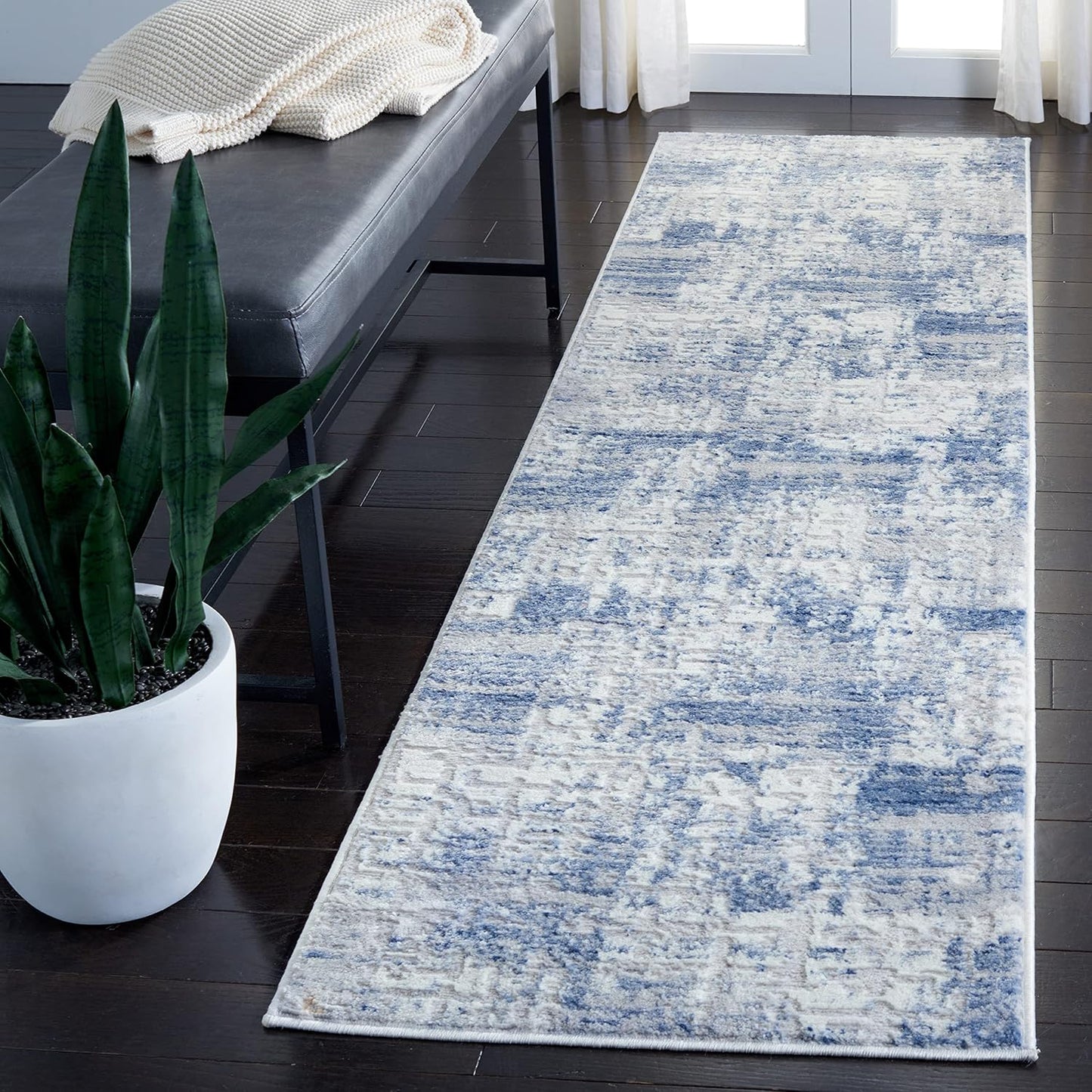 Alfombra pasillo 2x6ft diseño abstracto azul y gris