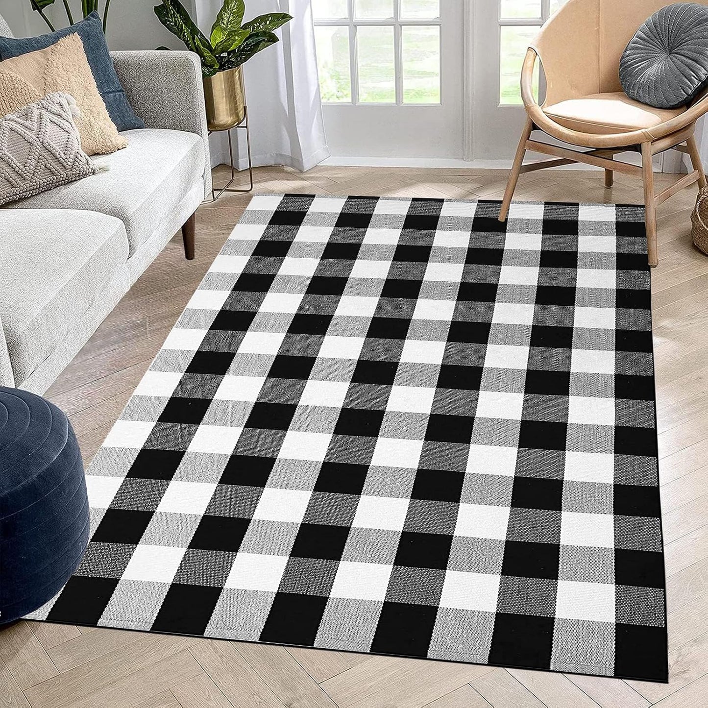 Alfombra cuadros 4x6ft algodón tejida a mano para interiores