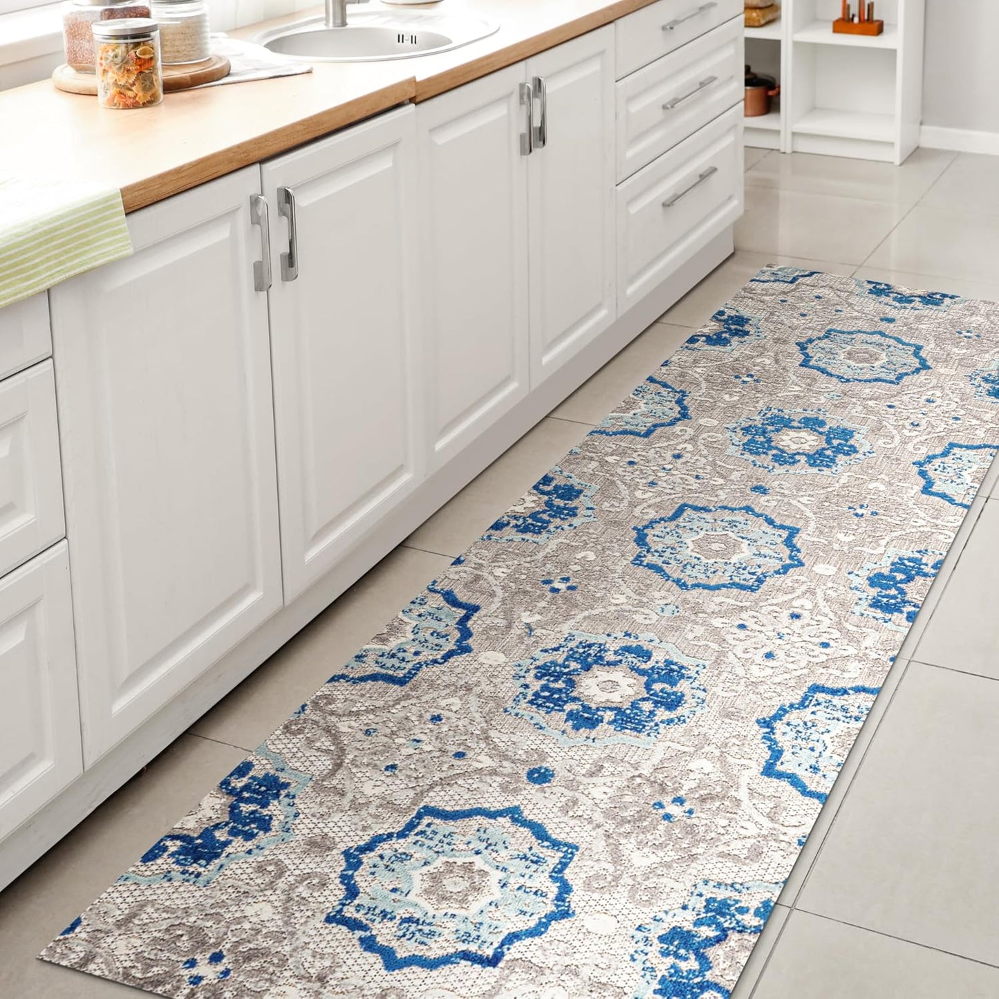Alfombra pasillo 2x10ft color azul/gris bohemio exterior