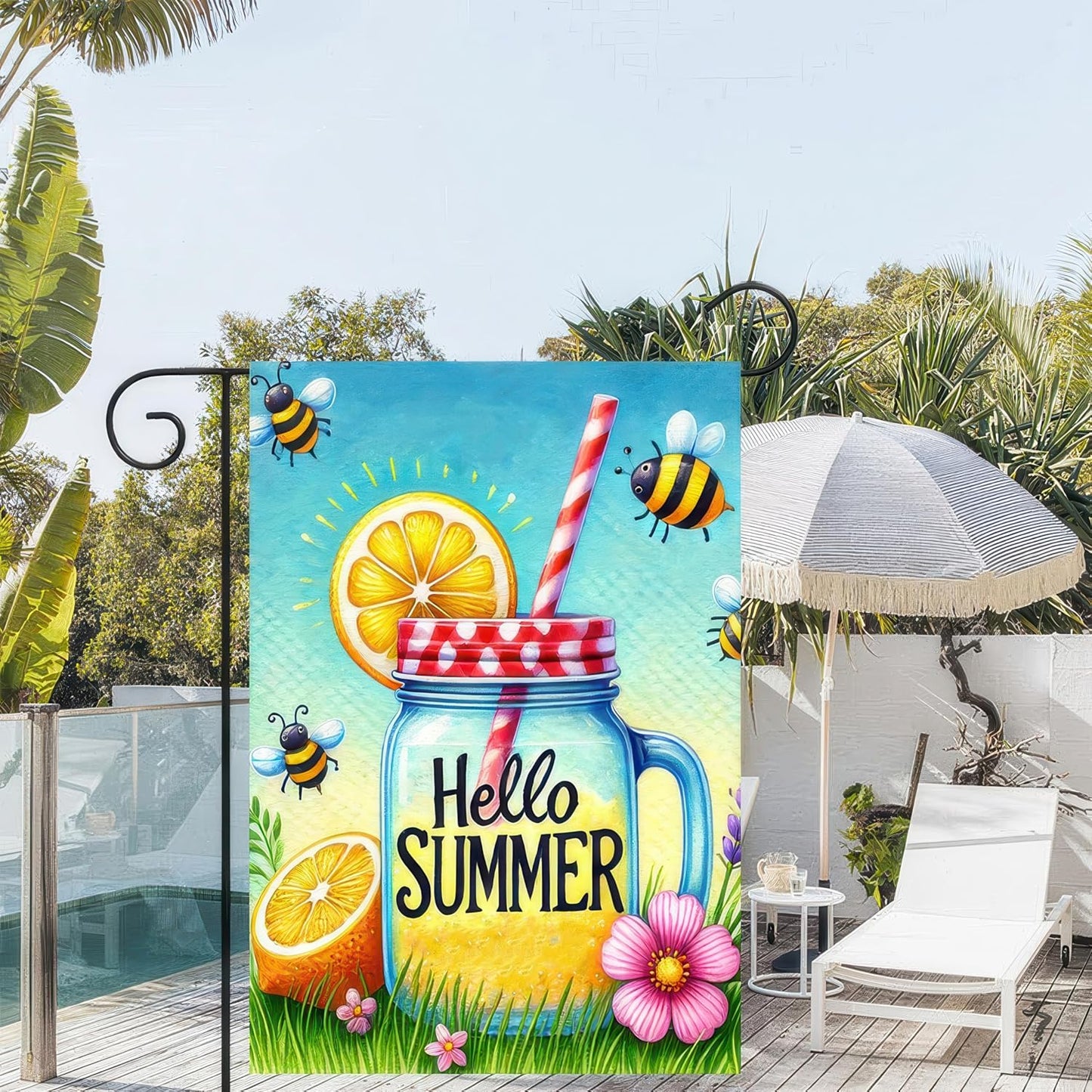 Bandera jardín Hello Summer 12x18pulg doble cara rústica