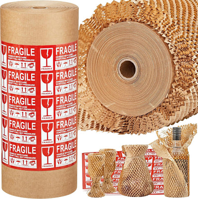 Papel embalaje panal 15x400pies con etiquetas frágiles