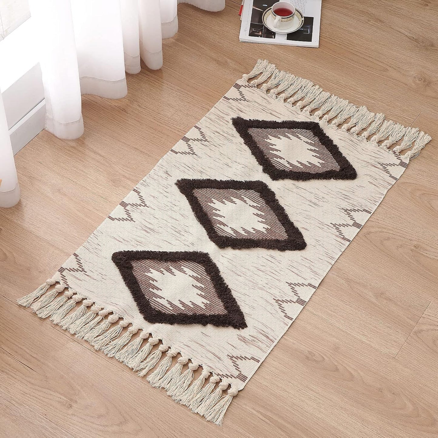 Alfombra baño bohemia 2x3ft algodón copetudo borlas marrón