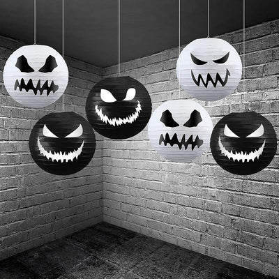 6 Faroles Halloween Colgantes 11.8x11pulg Blanco Negro