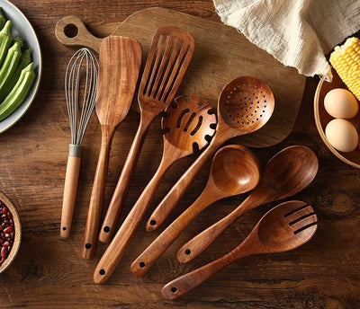 Set 7 Utensilios Cocina Madera Teca Natural