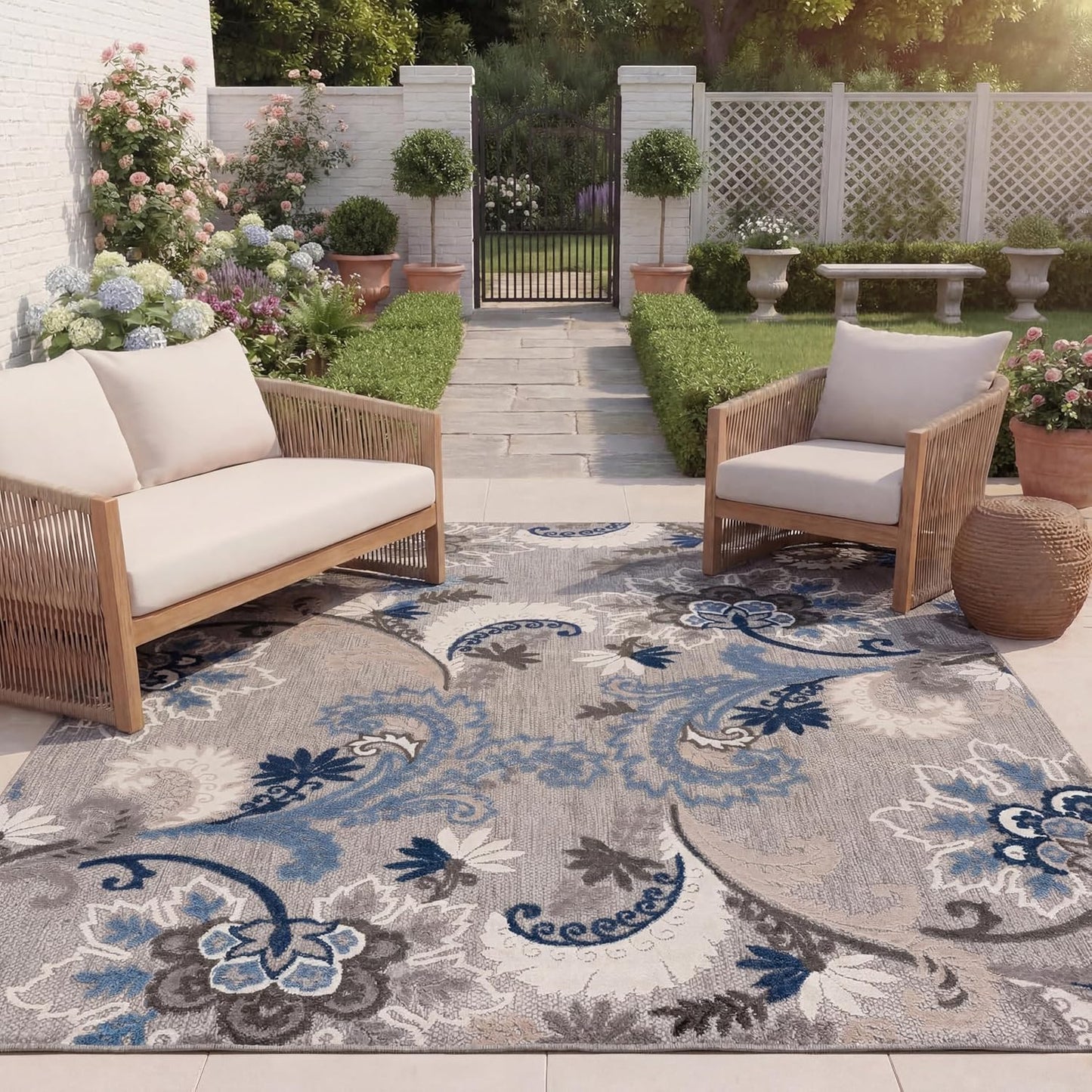 Alfombra exterior lavable 9x12ft gris y azul no pelusa