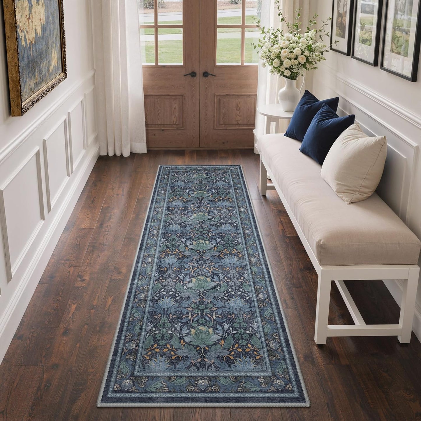 Alfombra pasillo microfibra antiderrap vintage azul oscuro