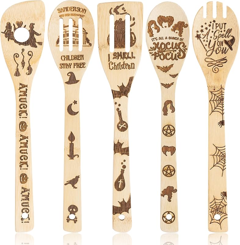 Juego 5 Pzas Utensilios Cocina Madera Bambú Halloween