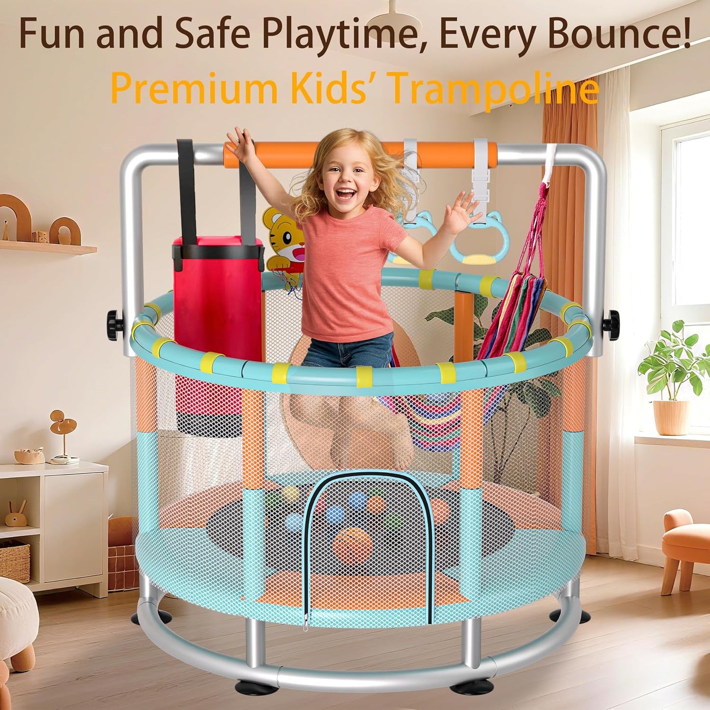 Cama elástica 55pulg para niños con red y barra ajustable