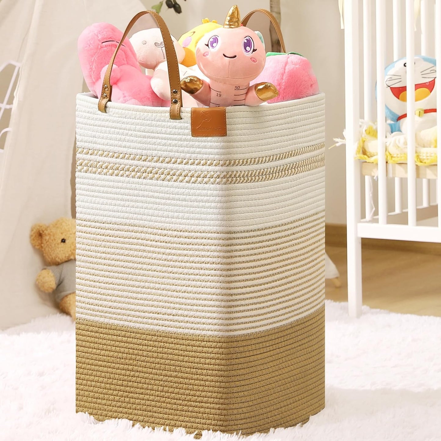 Cesta almacenamiento decorativa 100L con asas cuero