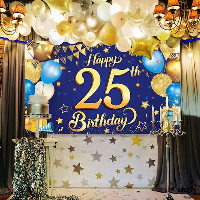 Cartel feliz cumpleaños 25 XL 72x44pulg azul y dorado