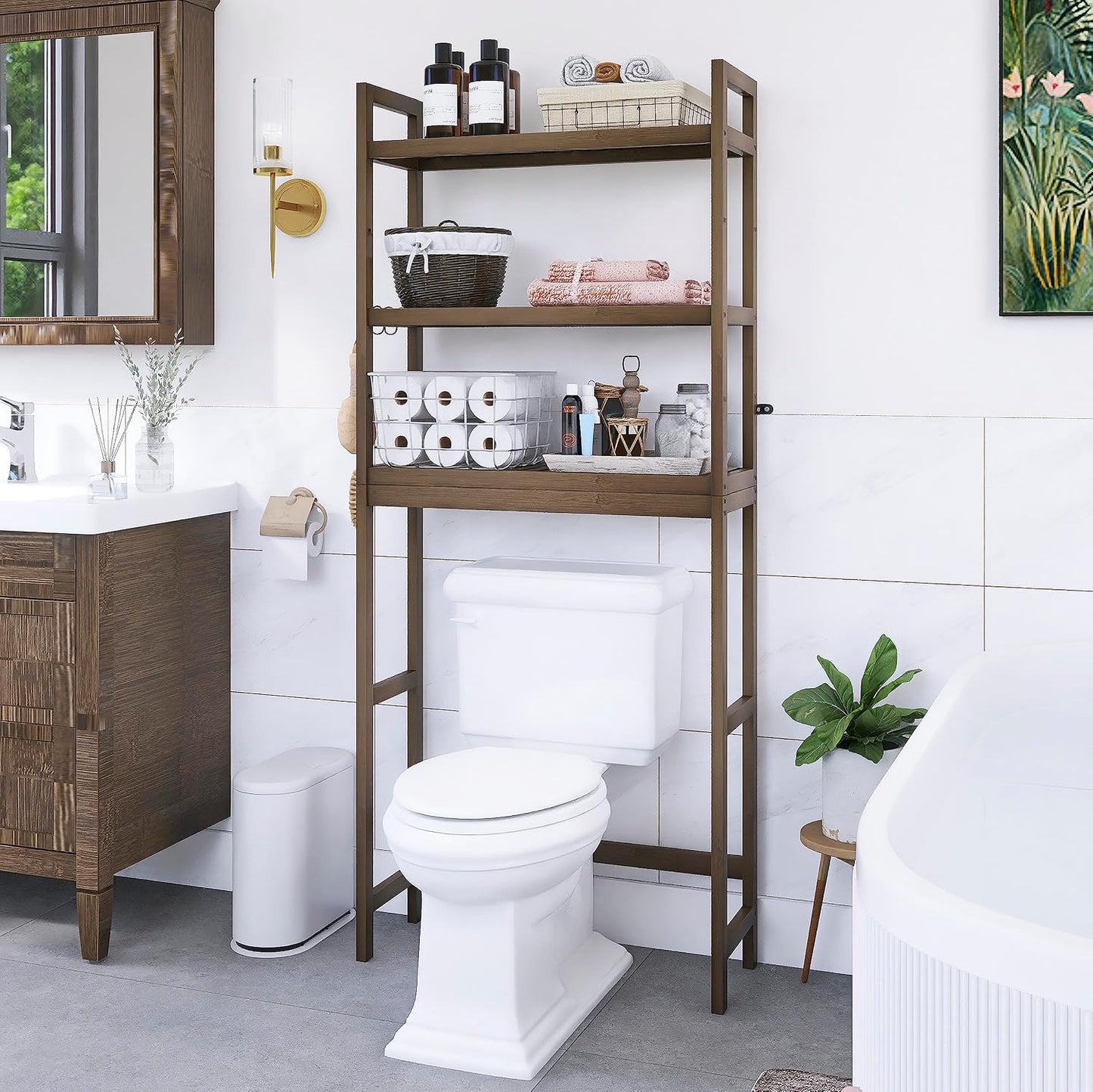 Estante baño bambú sobre inodoro 3 niveles ajustables nogal