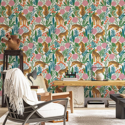 Papel tapiz floral autoadhesivo diseño leopardo selva 17.7