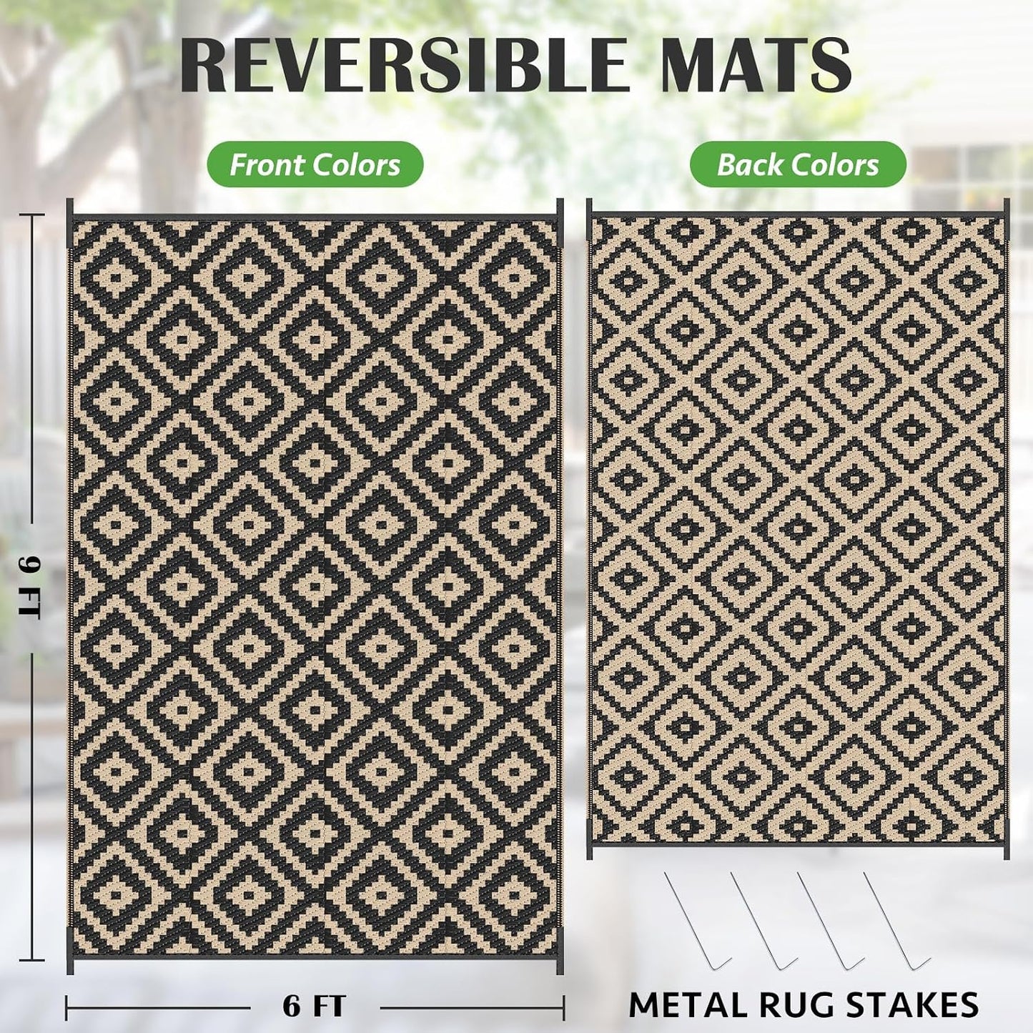 Alfombra impermeable exterior 6x9ft reversible negro beige