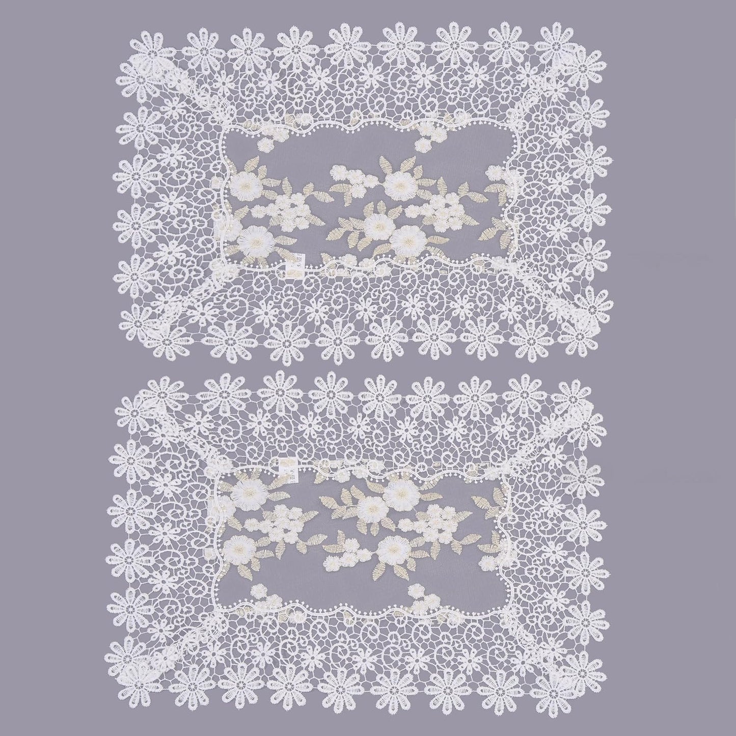 Manteles encaje floral blanco marfil dorado 14x20 2 Pzas