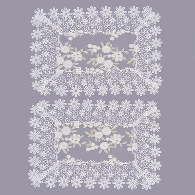 Manteles encaje floral blanco marfil dorado 14x20 2 Pzas