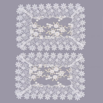 Manteles encaje floral blanco marfil dorado 14x20 2 Pzas
