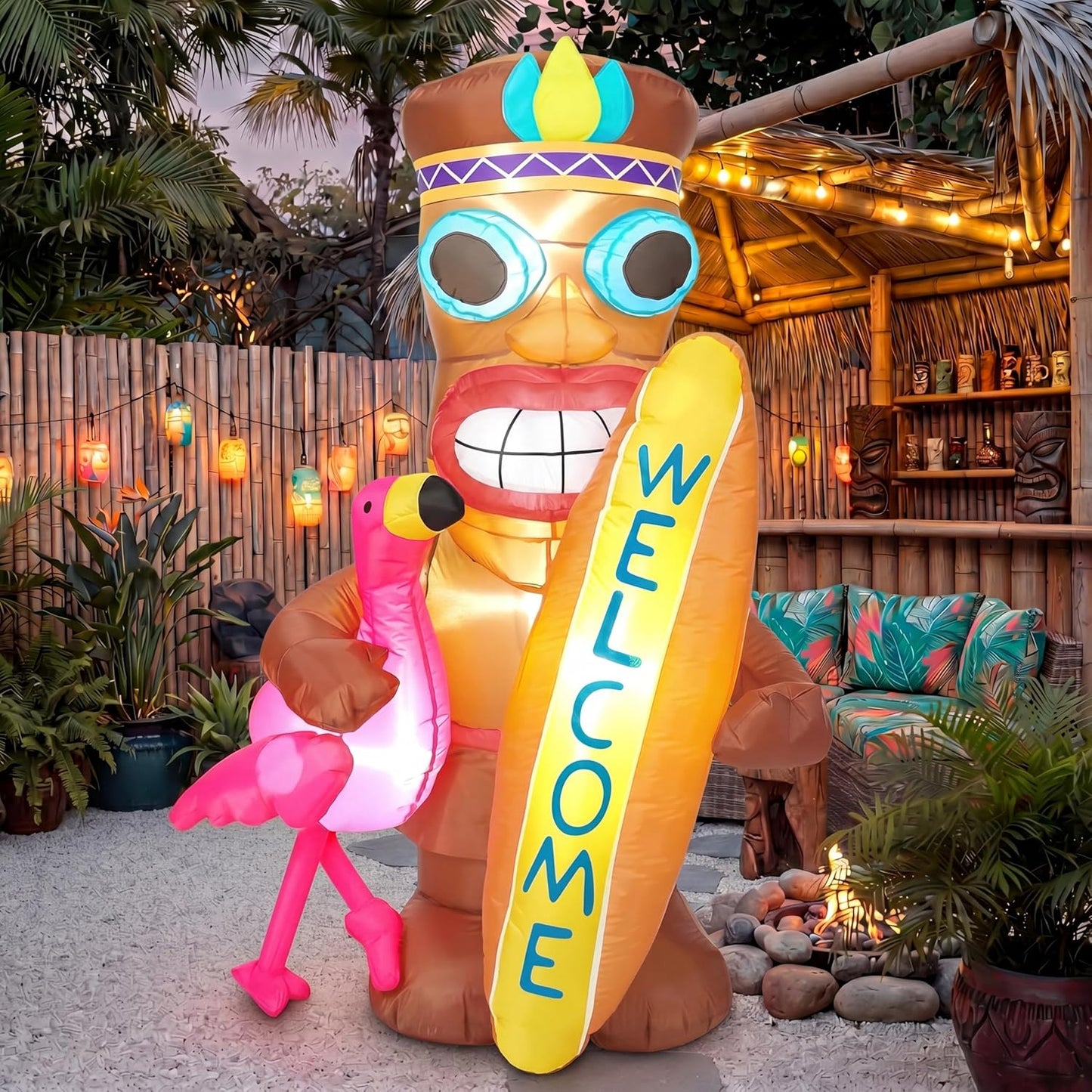 Flamenco inflable Tiki con luces LED decoración fiesta Luau