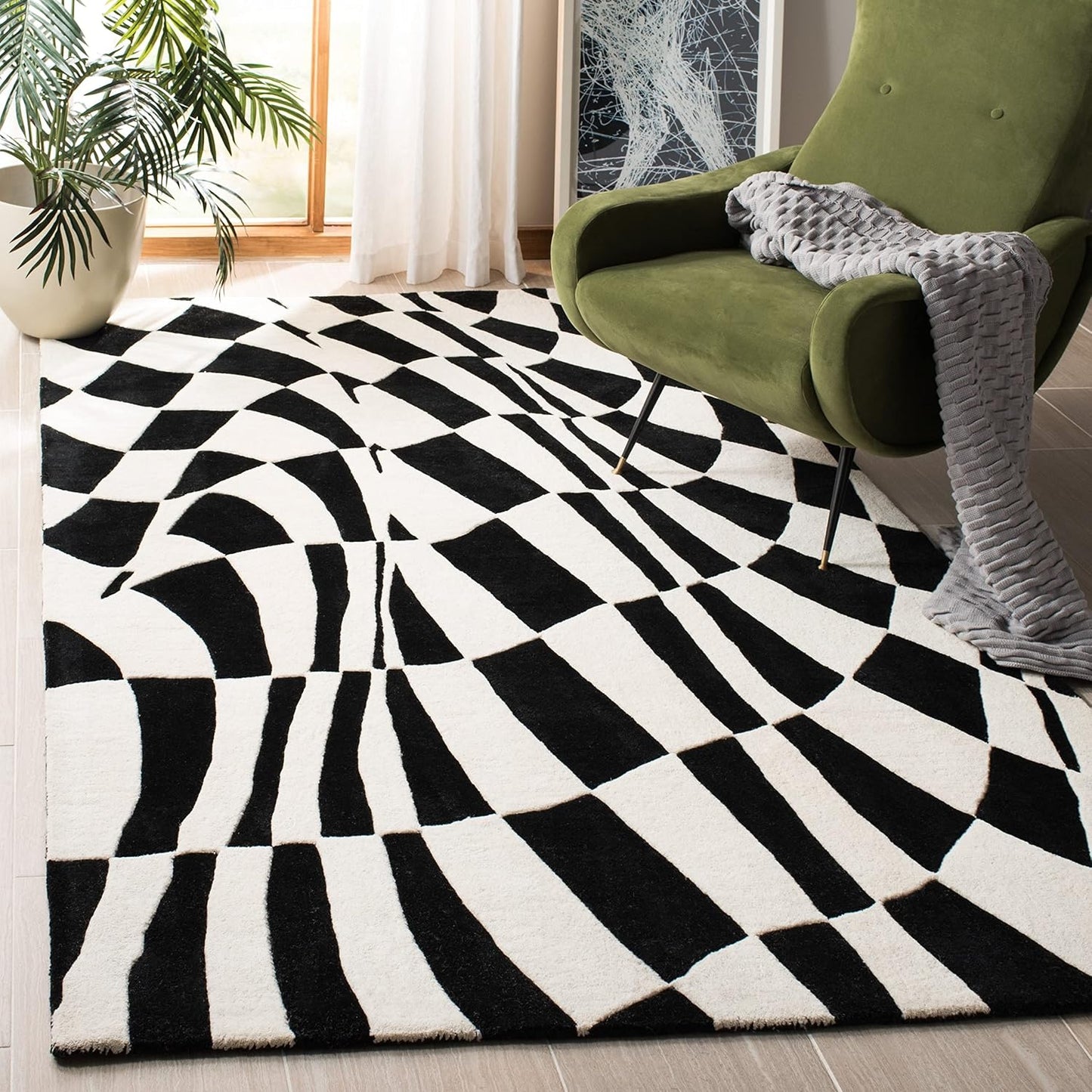 Alfombra abstracta 2x3ft lana y viscosa negro/marfil