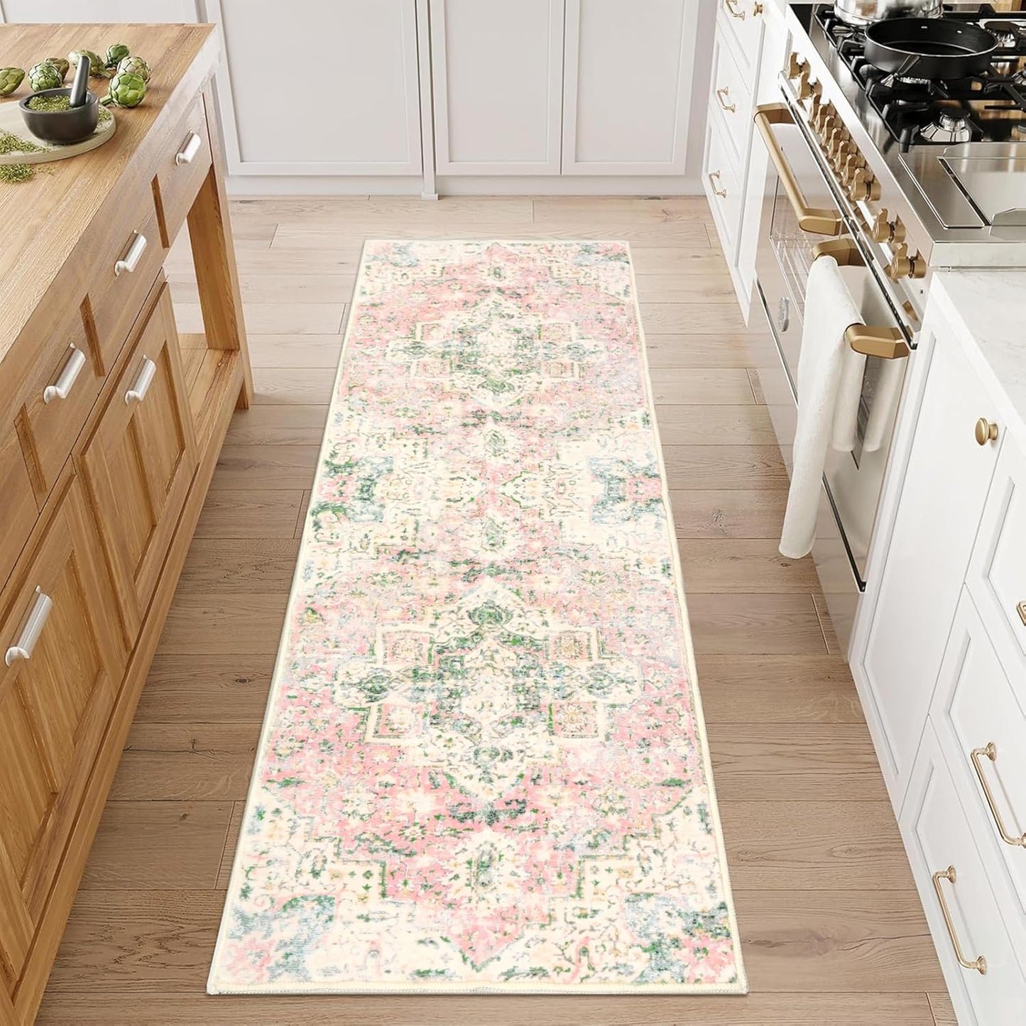 Alfombra pasillo cocina 2x6ft antiderrap rosa y verde