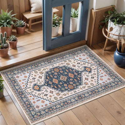 Alfombra vintage lavable 2x3ft para entrada suave color azul beige
