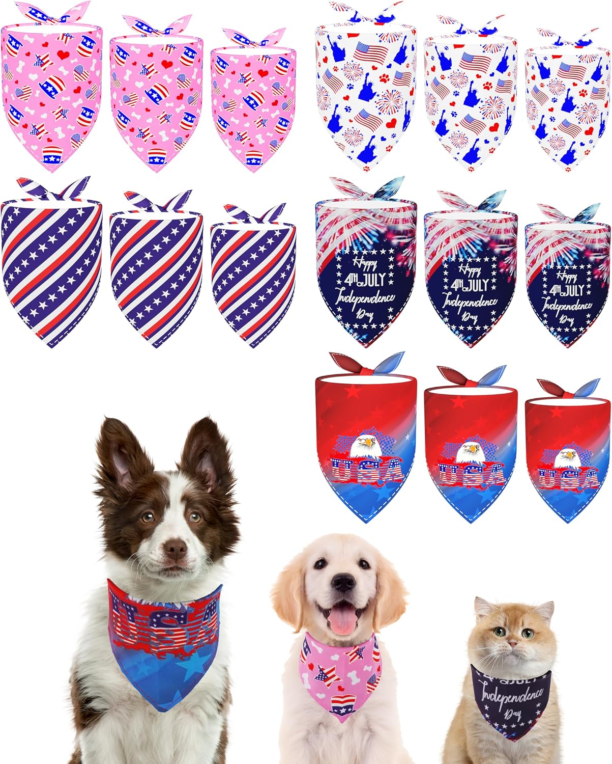 15 Bandanas Perros 4 de Julio 3 Tallas Triangulares Patrióticas