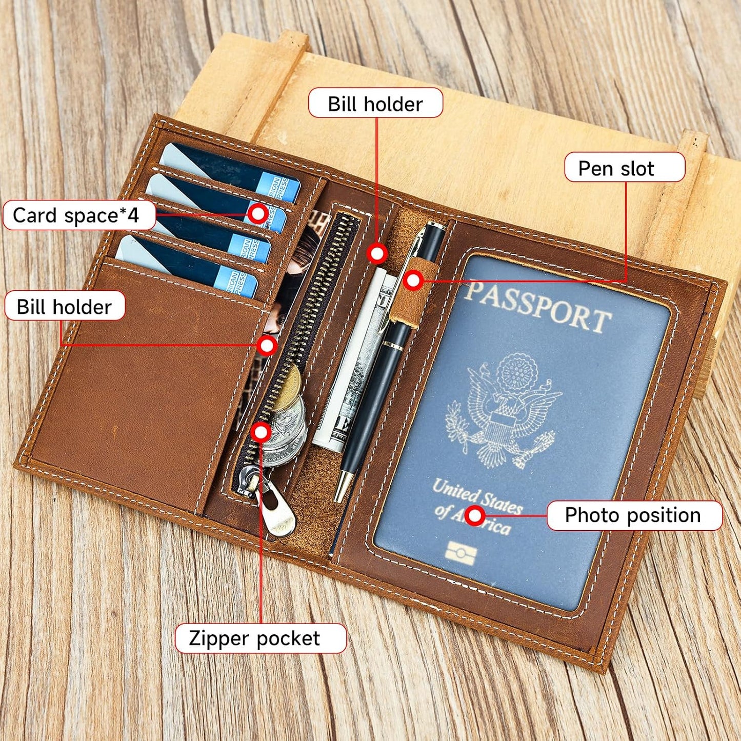 Funda pasaporte hecha a mano plegable Marrón
