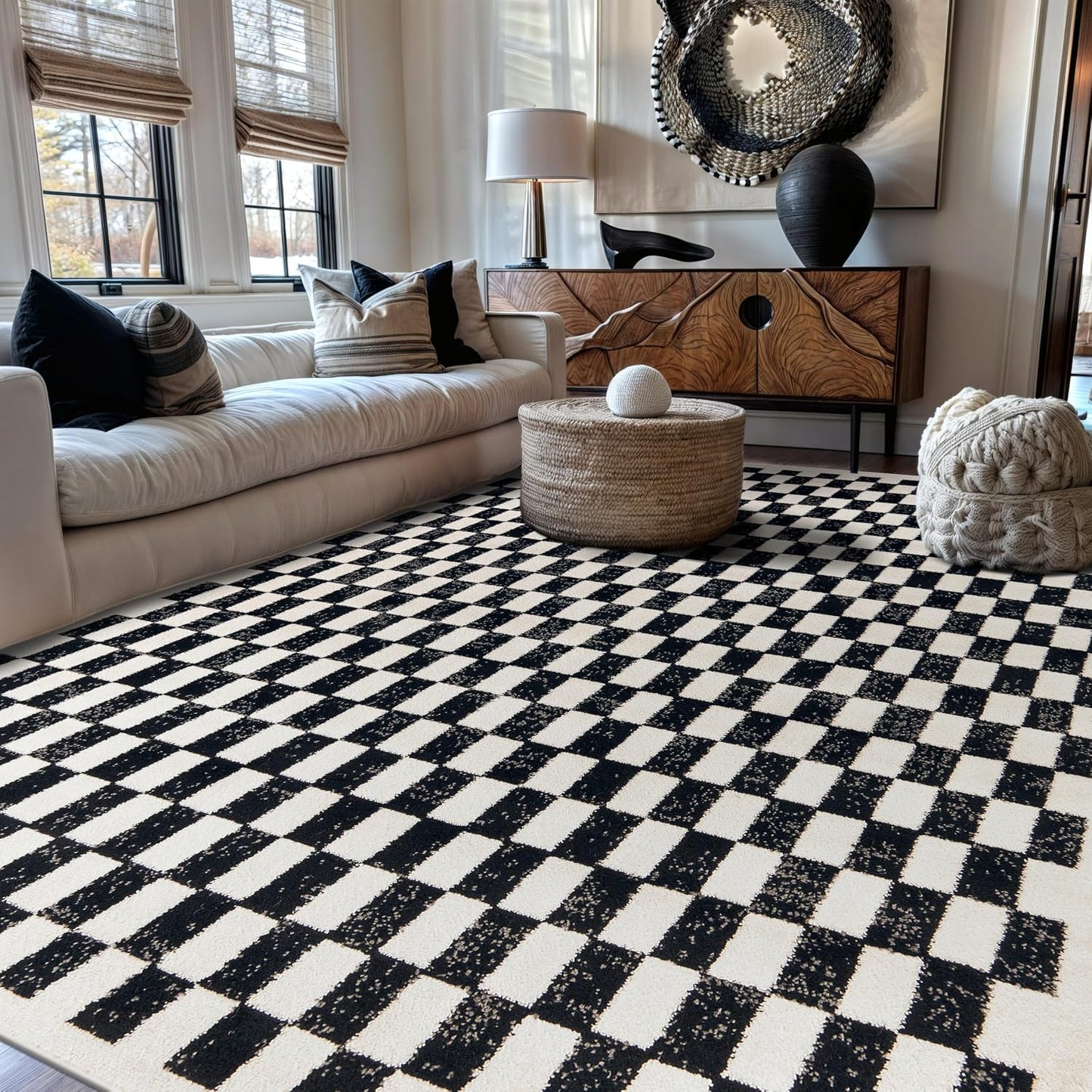 Alfombra cuadros blanco y negro sala dormitorio