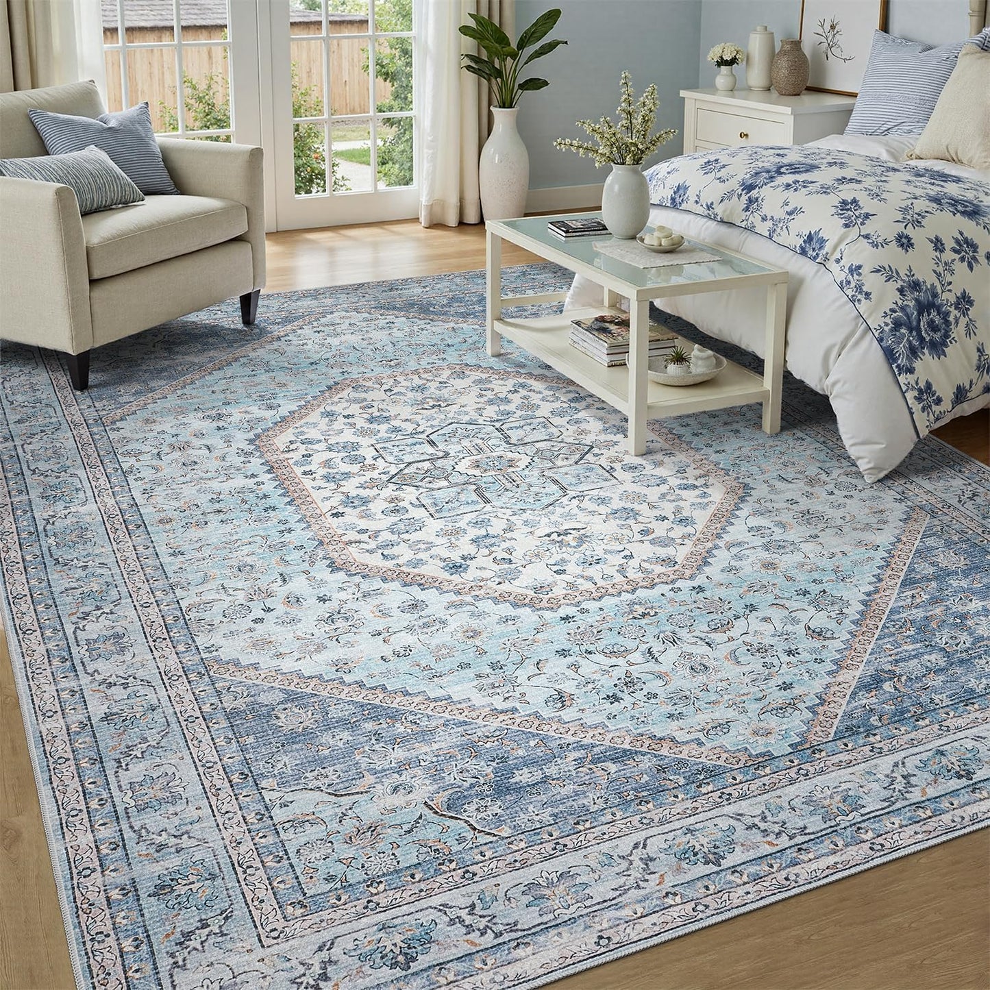 Alfombra azul antiderrap para sala dormitorio