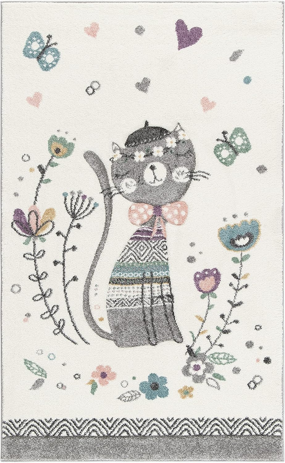 Alfombra decorativa gato 4x6ft color marfil y rosa para
