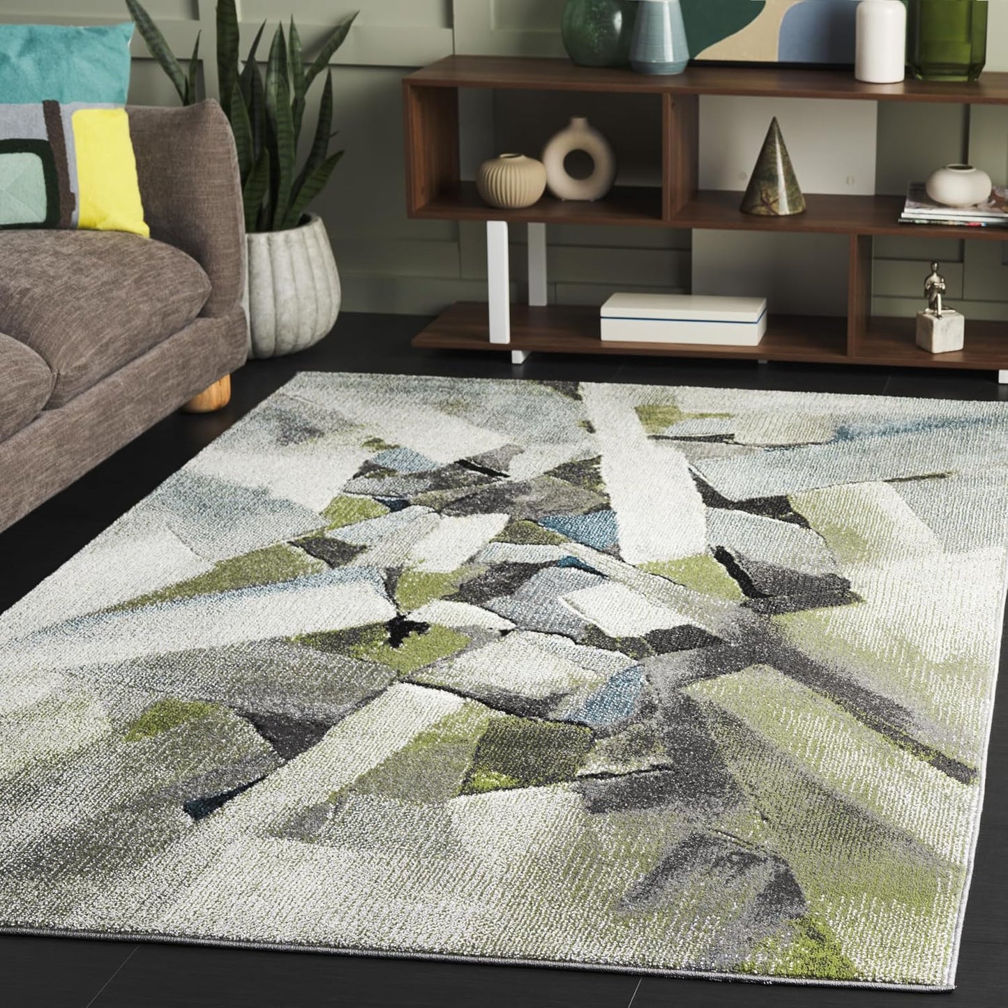 Alfombra sala 5.3x7.6ft verde gris abstracto moderno