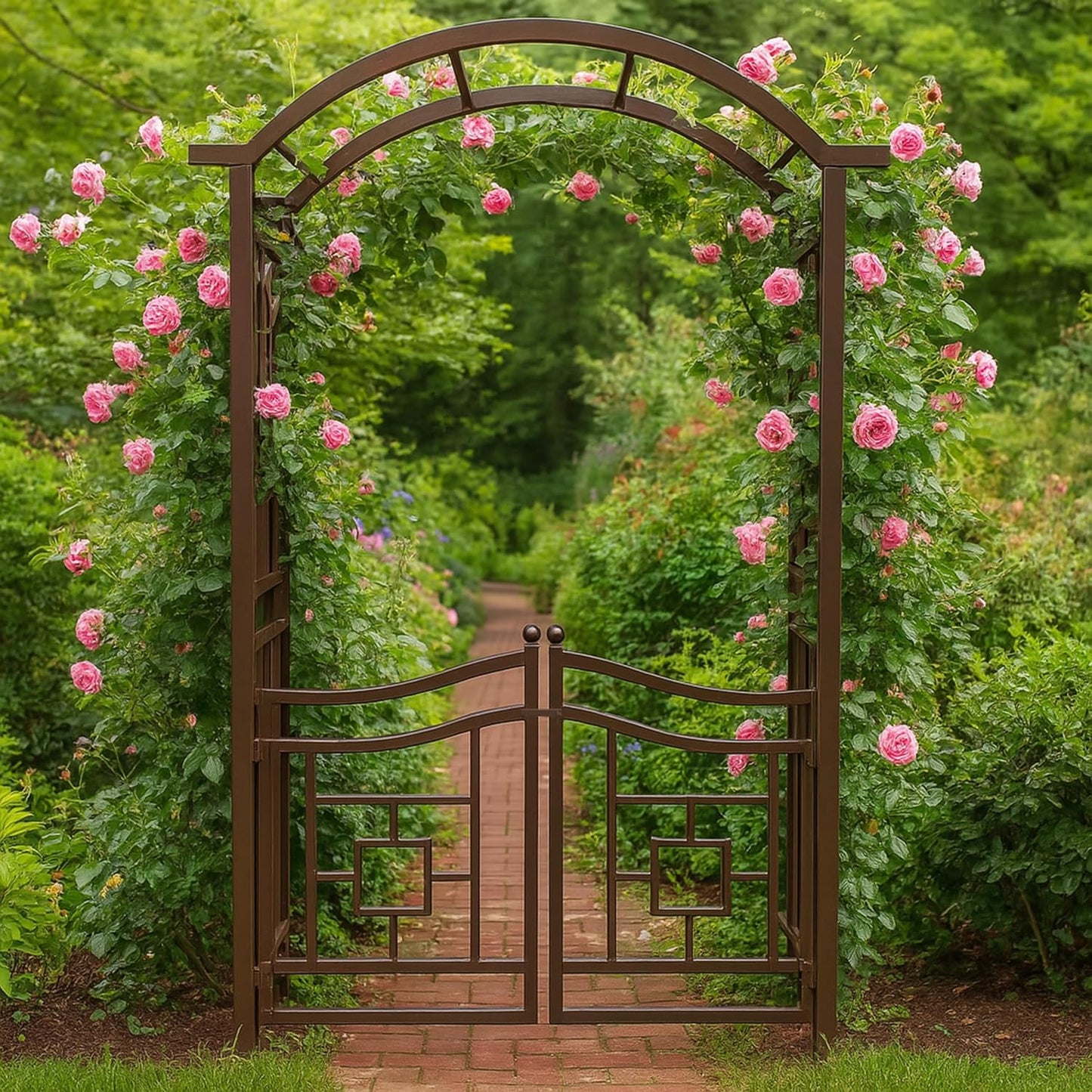 Arco jardín aluminio marrón con puerta