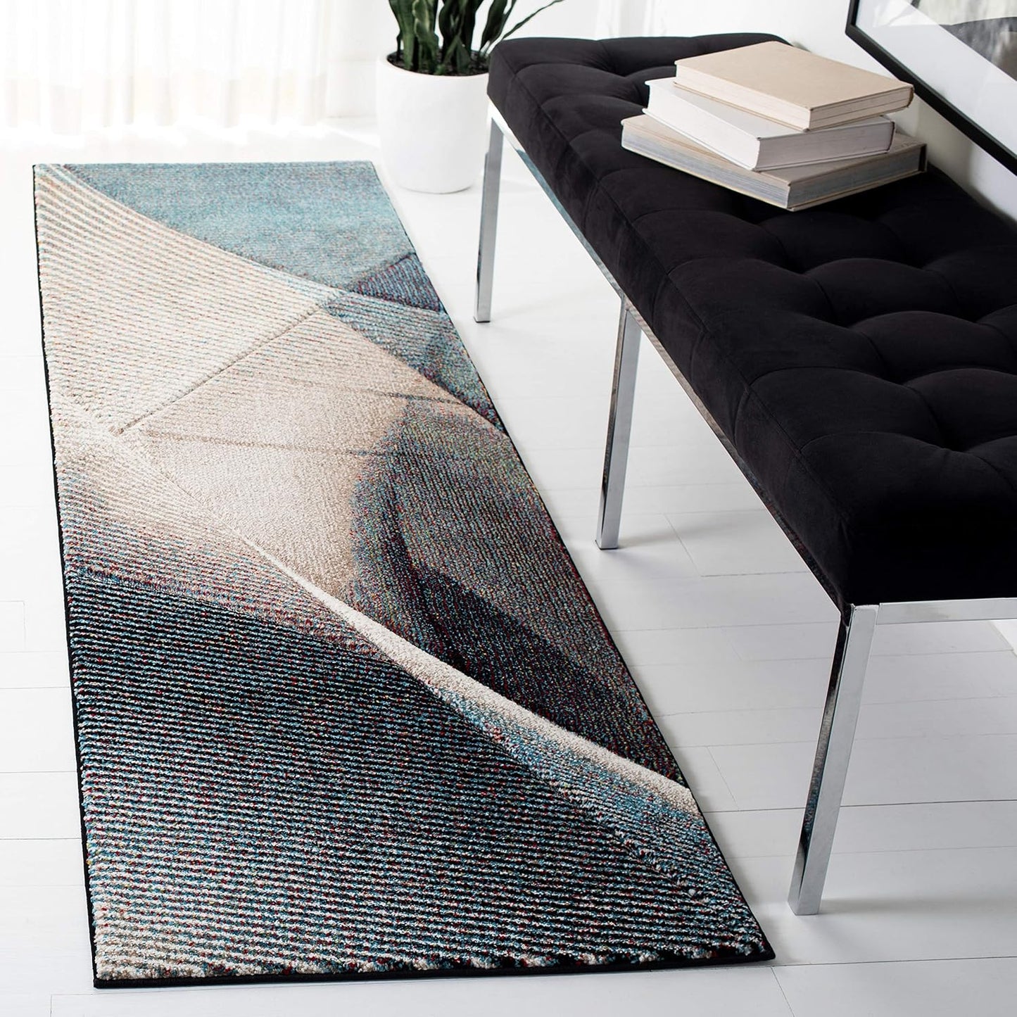 Alfombra pasillo 2'3"x6' beige azul diseño moderno no pelusa