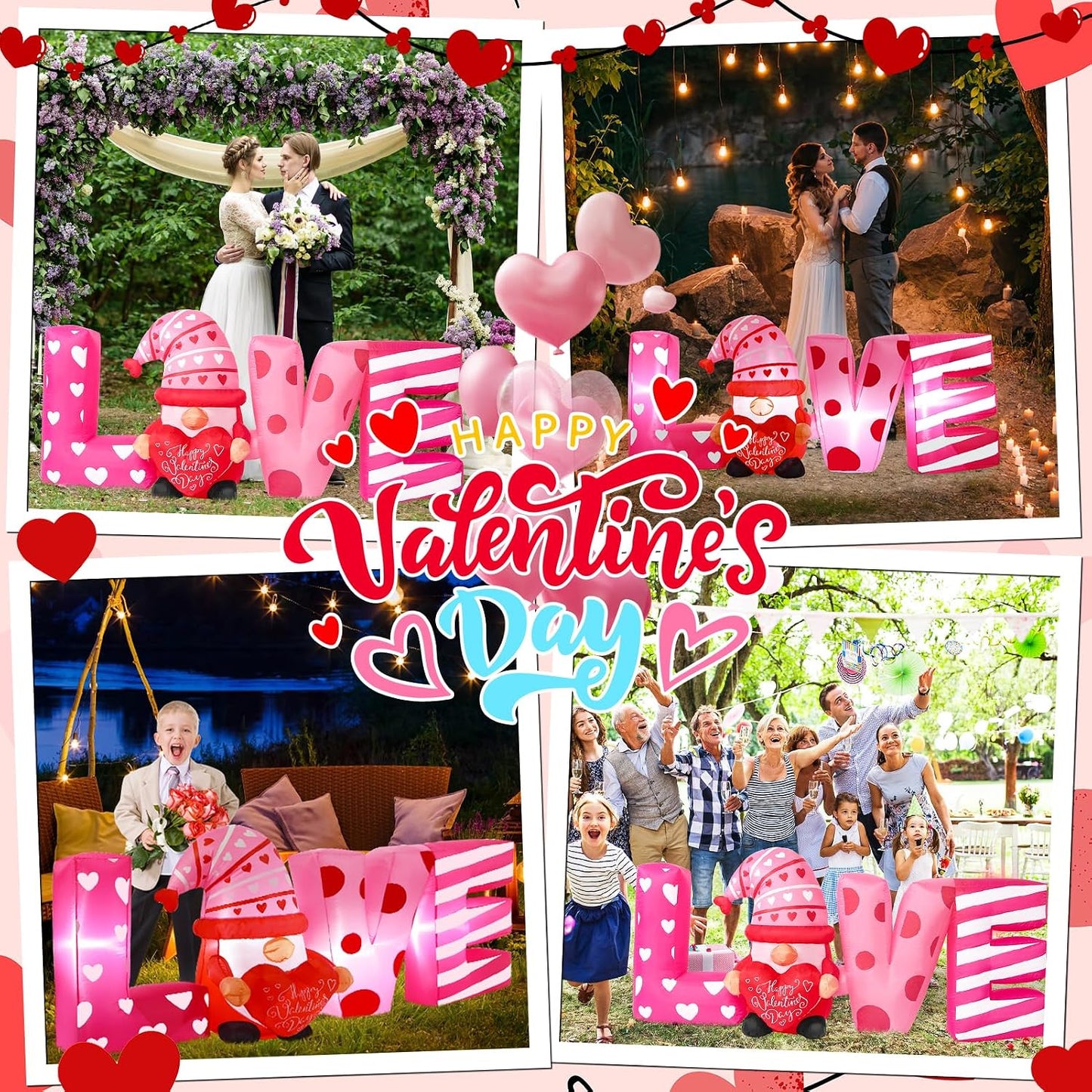 Inflables San Valentín decoración patio corazón gnomo
