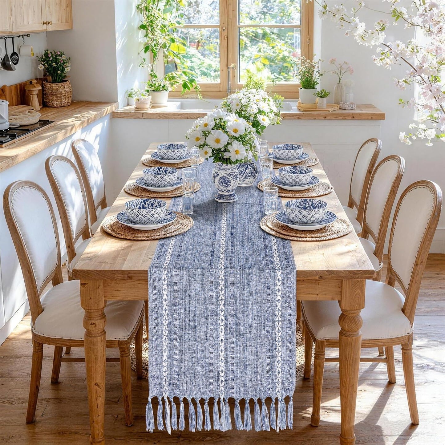 Mesa Camino Azul Polvoriento 15x72pulg Algodón Lino