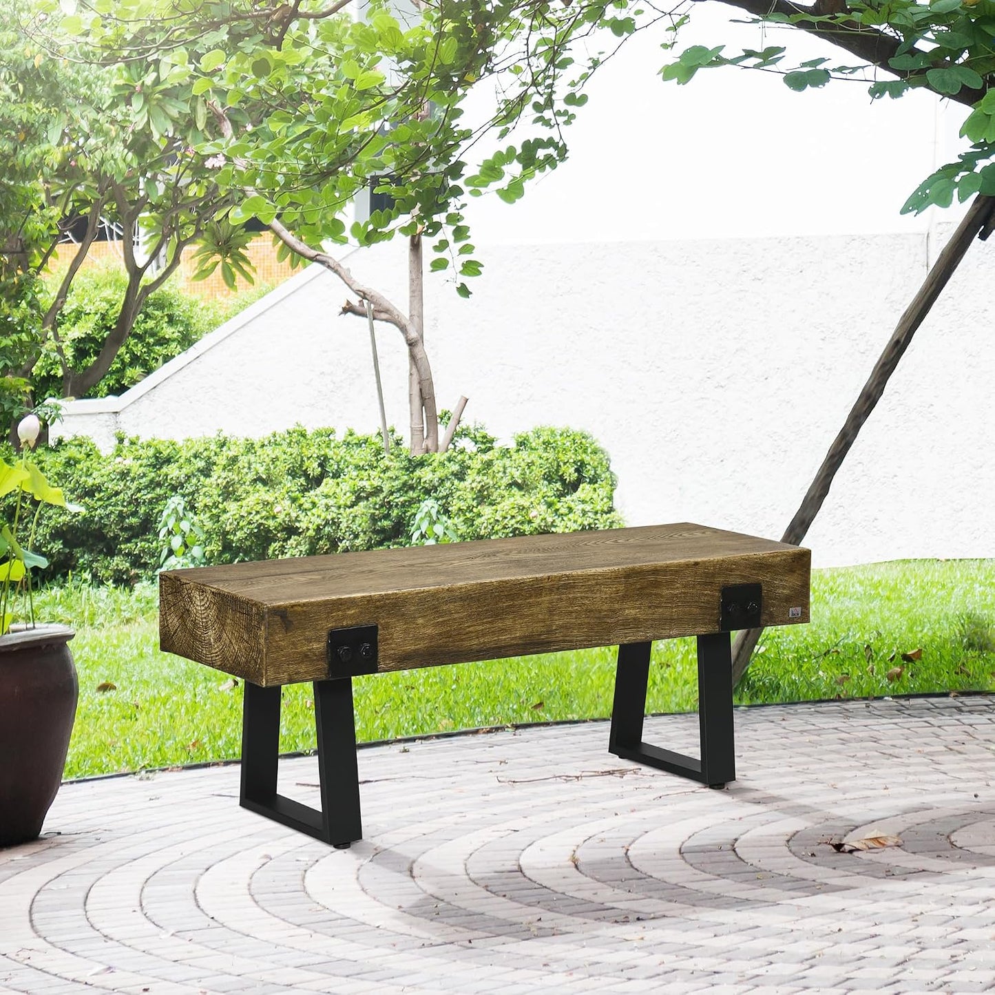 Banco jardín patas metal efecto madera uso interior