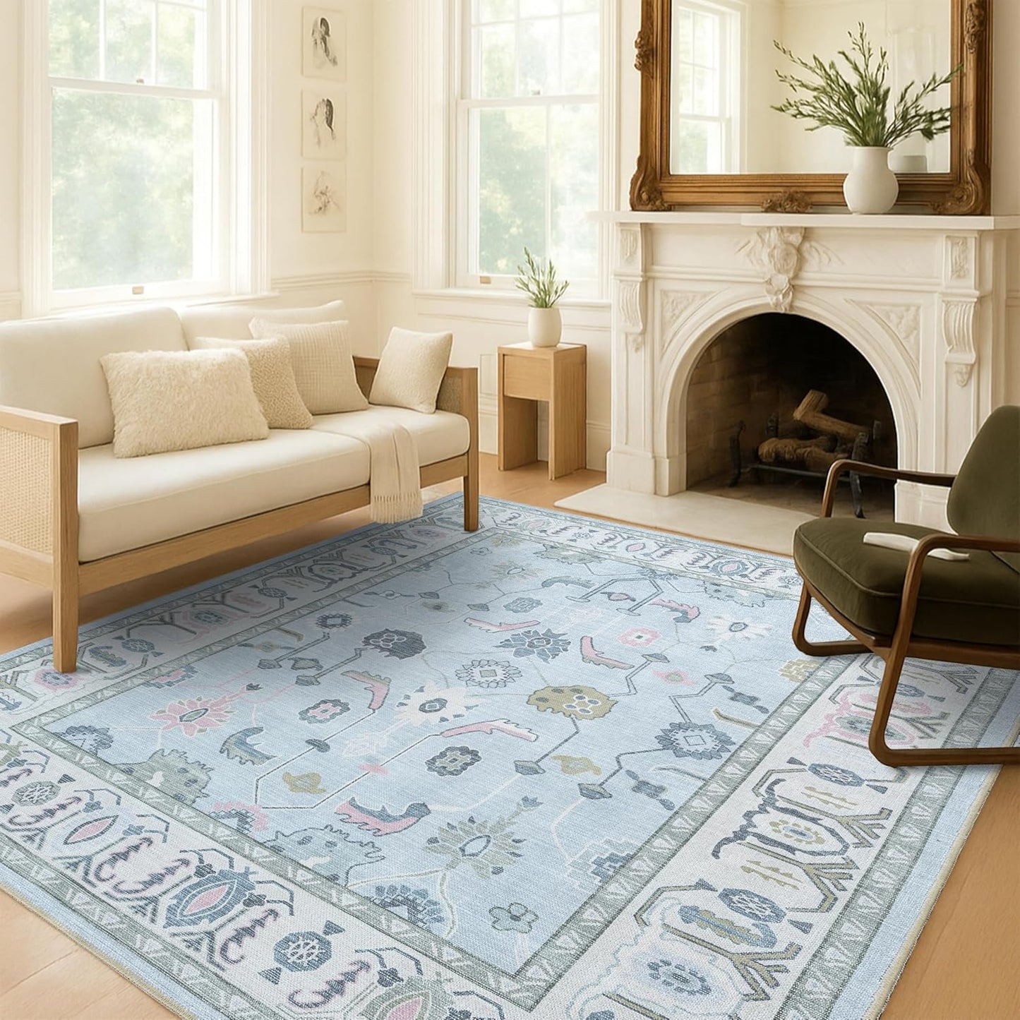 Alfombra Oushak azul crema sala comedor dormitorio 7'5x9'8