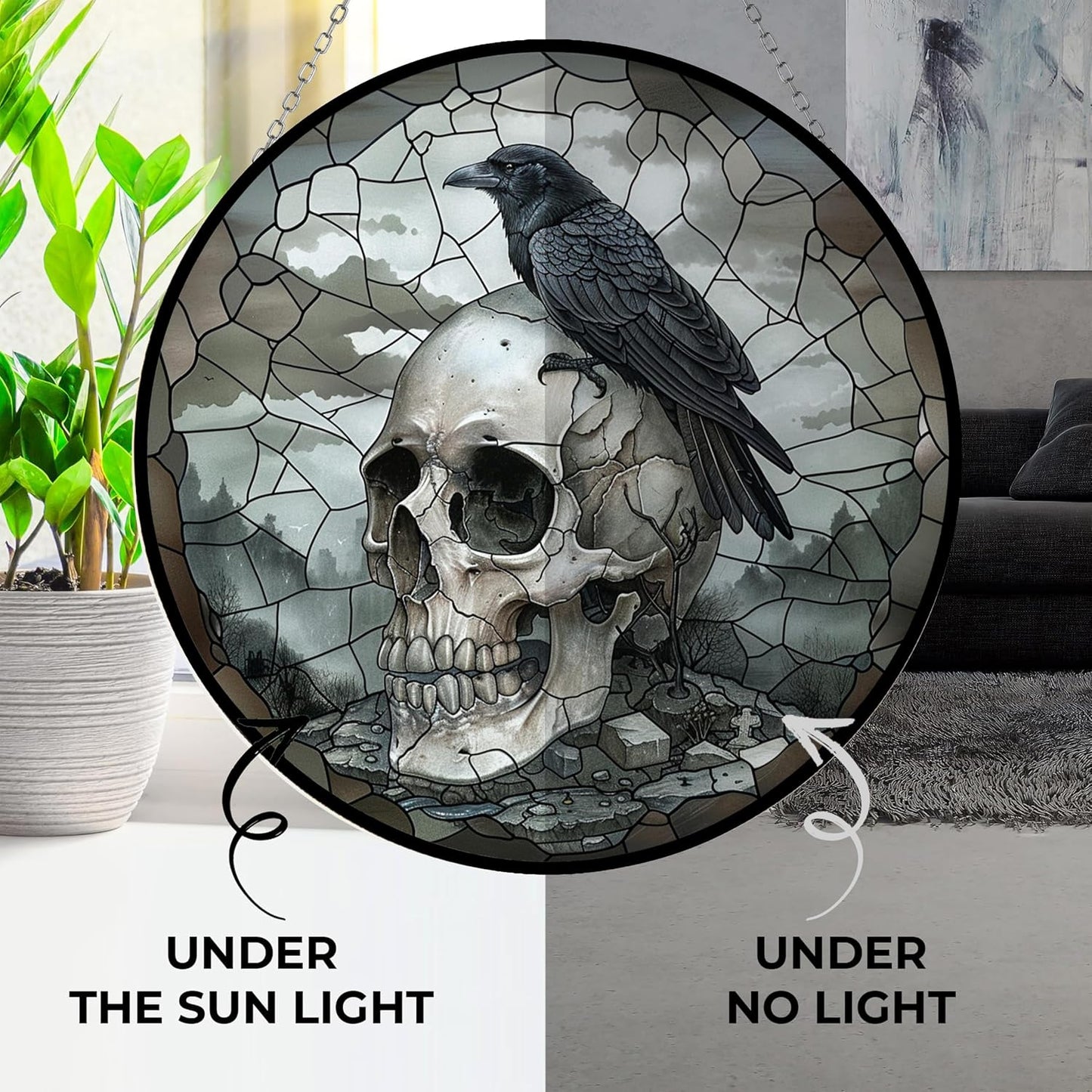 Atrapasol calavera cuervo cristal emplomado metal