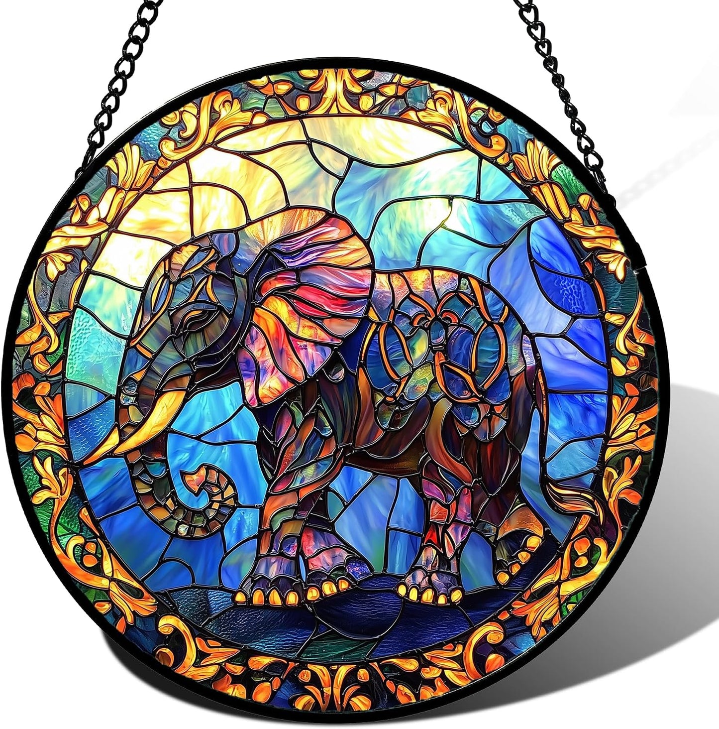 Colgante vitral atrapasoles elefante azul decoración hogar